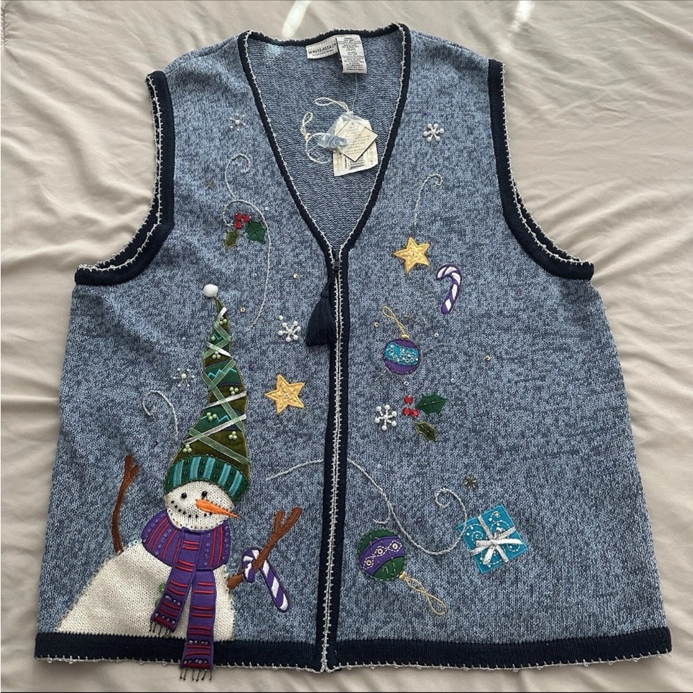 White Stag Christmas Sweater Vest  Embroidered Snowman